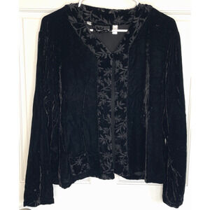KIKO Women’s Black Crushed Silk Velvet Cardigan Sz OSFM Floral Burnout Trim Boho